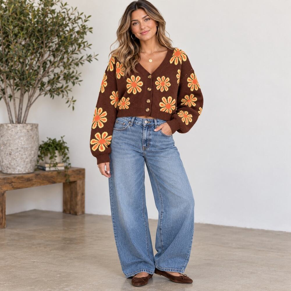 Shein Brown Floral Cropped Cardigan V-Neck Button Front L 70’s Retro Cottagcore